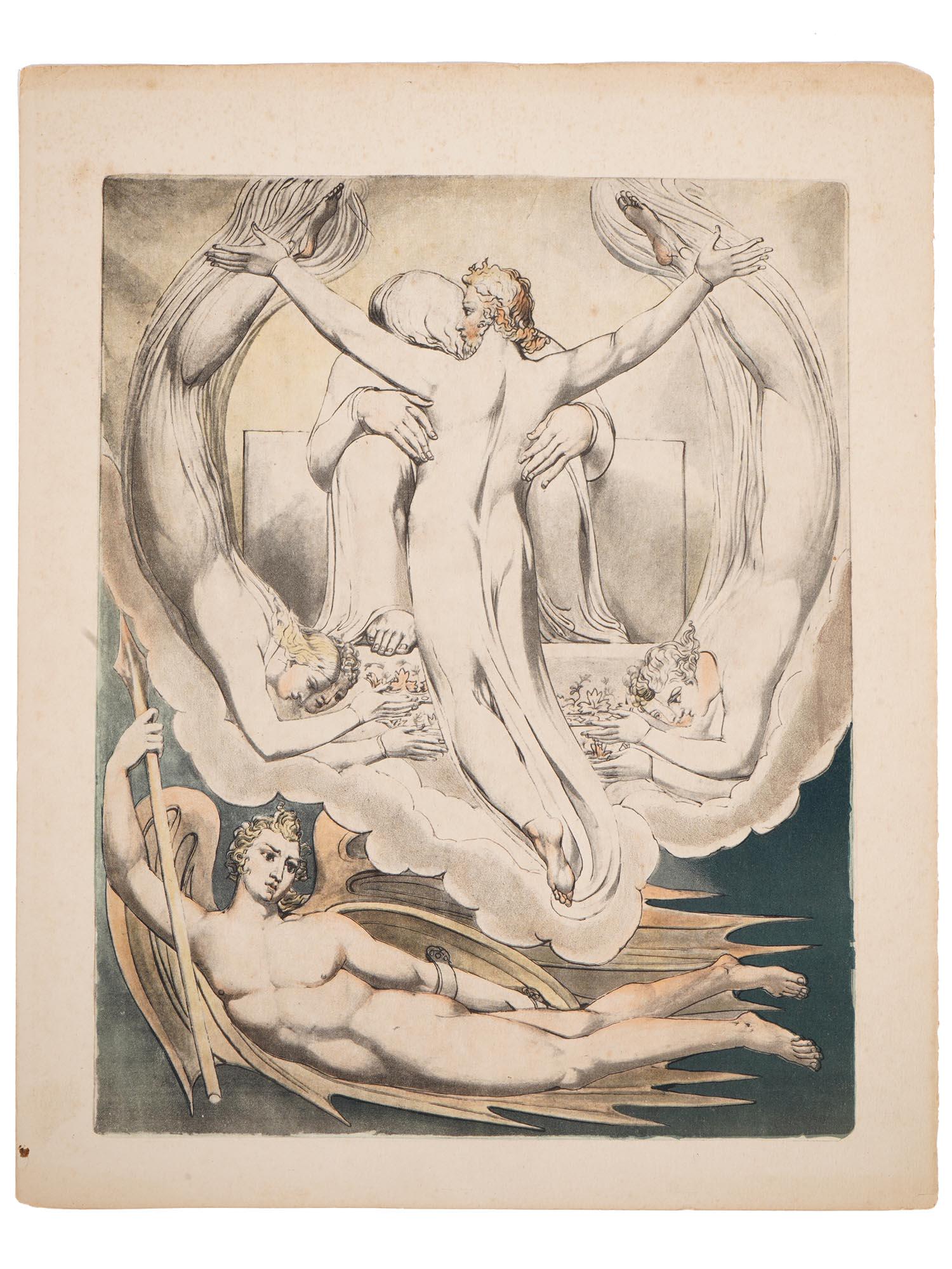 RELIGIOUS ENGLISH COLORED PRINT BY WILLIAM BLAKE: William Blake, English, 1757 to 1827, colored print on wove paper finished in pen and watercolor, Christ as the Redeemer of Man, illustration for John Miltons, Paradise Lost, 1808. William Blake and J