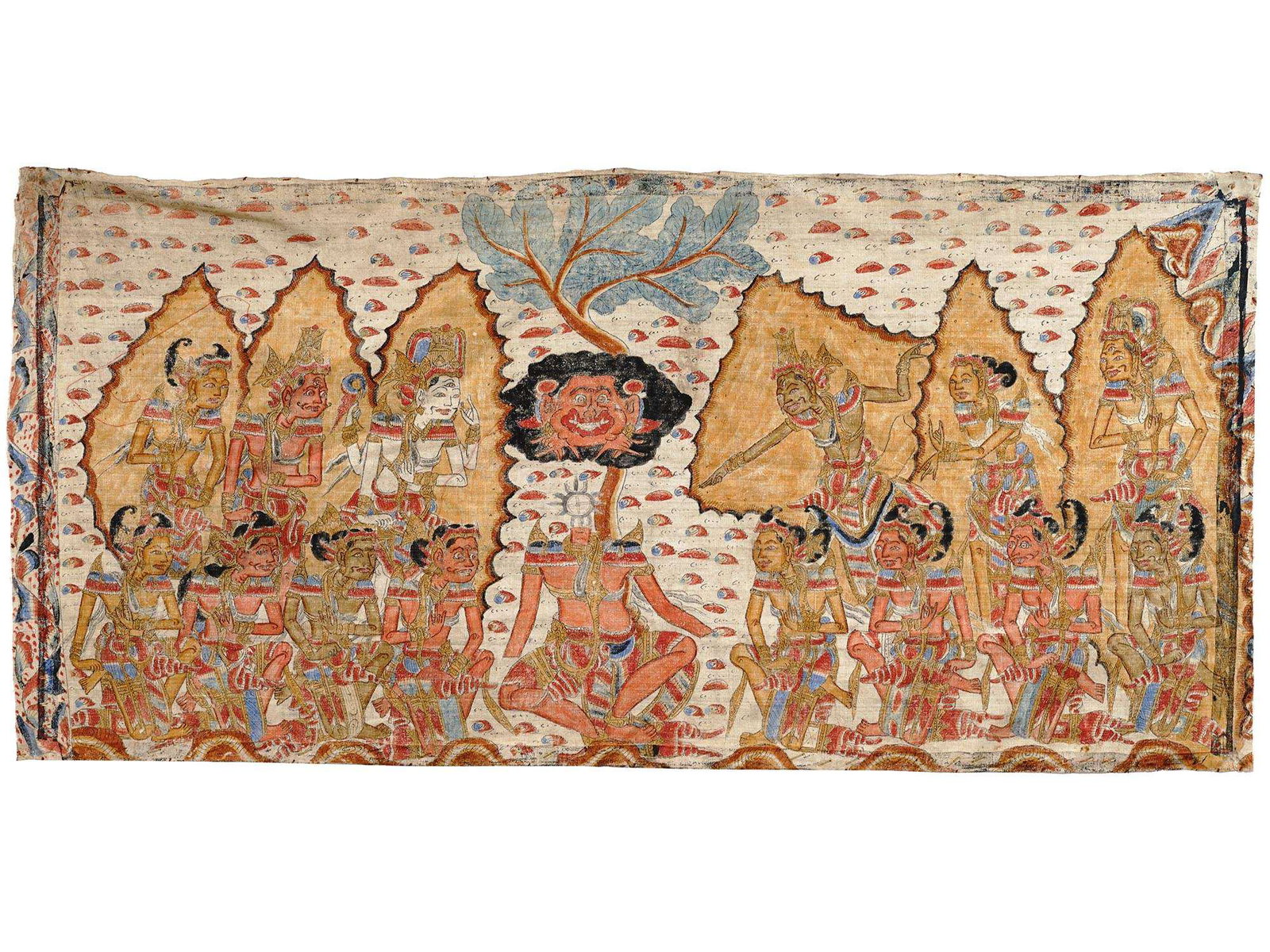 19TH CEN KAMASAN BALINESE HAND PAINTED ON TEXTILE: An antique Balinese Kamasan hand painted pigment on a cotton canvas. The painting depicts a mythological scene with Hindu characters in the Old folk art style. Probably a scene from the Mahabharata, o