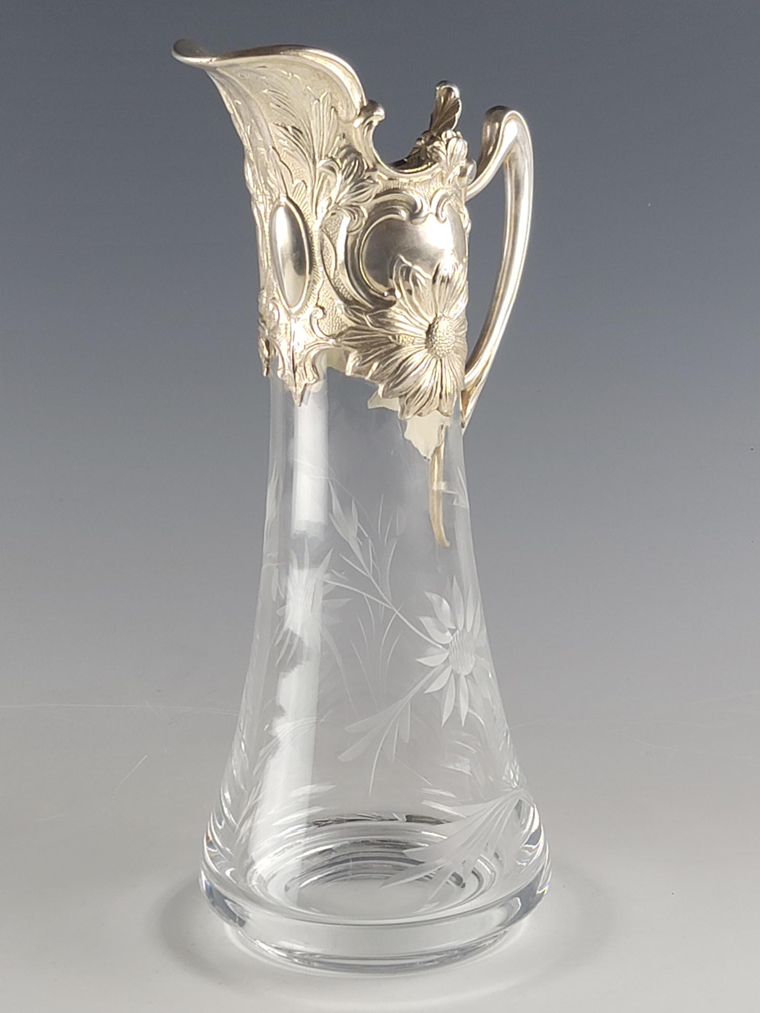 ART NOUVEAU STERLING SILVER CUT GLASS CLARET JUG (1 of 8)