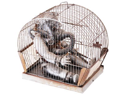 AMERICAN CAGE CELLS SCULPTURE BY LOUISE BOURGEOIS: Louise Bourgeois, French, American, 1911 to 2010, mixed media, metal, cloth, plastic and leather, Cage sculpture depicting a vintage birdcage with breathing and other mechanisms stylistically attached