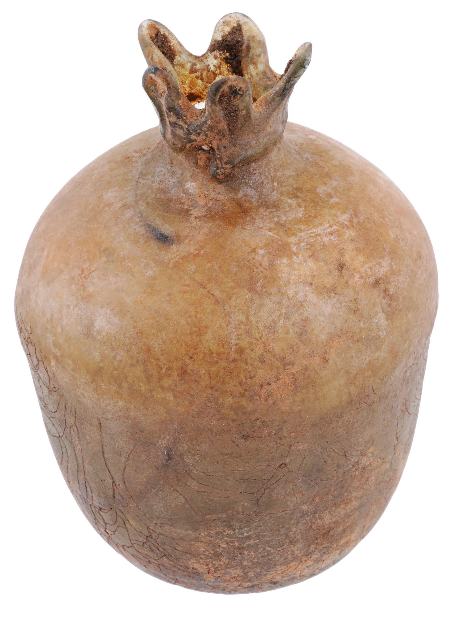 ANCIENT ROMAN POMEGRANATE FRUIT GLASS BOTTLE: An ancient Roman glass bottle crafted from translucent glass which has survived through the ages to showcase its beauty and historical significance. The bottle is skillfully shaped and designed to res