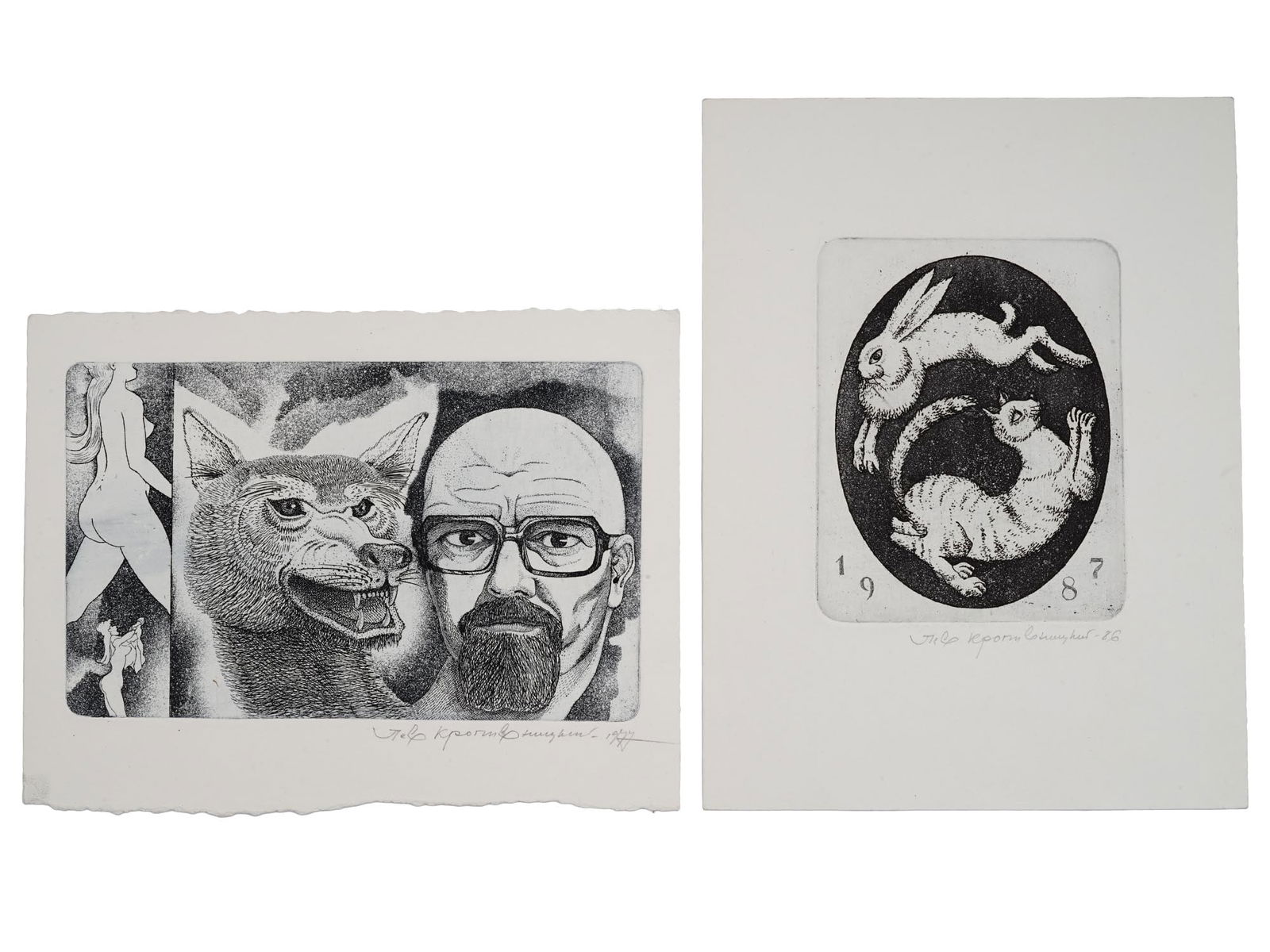 FIGURATIVE RUSSIAN ETCHINGS BY LEV KROPIVNITSKY: Lev Kropivnitsky, Russian Soviet era, 1922 to 1994, a pair of etchings on paper depicting Figurative scenes. The first depicts a Surreal double portrait of a man and a fox, and a pair of nude female p
