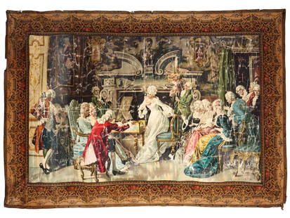 ROCOCO REVIVAL GENRE OIL PAINTING AFTER PIO RICCI: Oil on canvas painting, after artworks by Arturo or Pio Ricci, 1850 to 1919, an Italian artist known for his genre paintings in Rococo Revival style. The piece depicts a music salon, a woman playing t