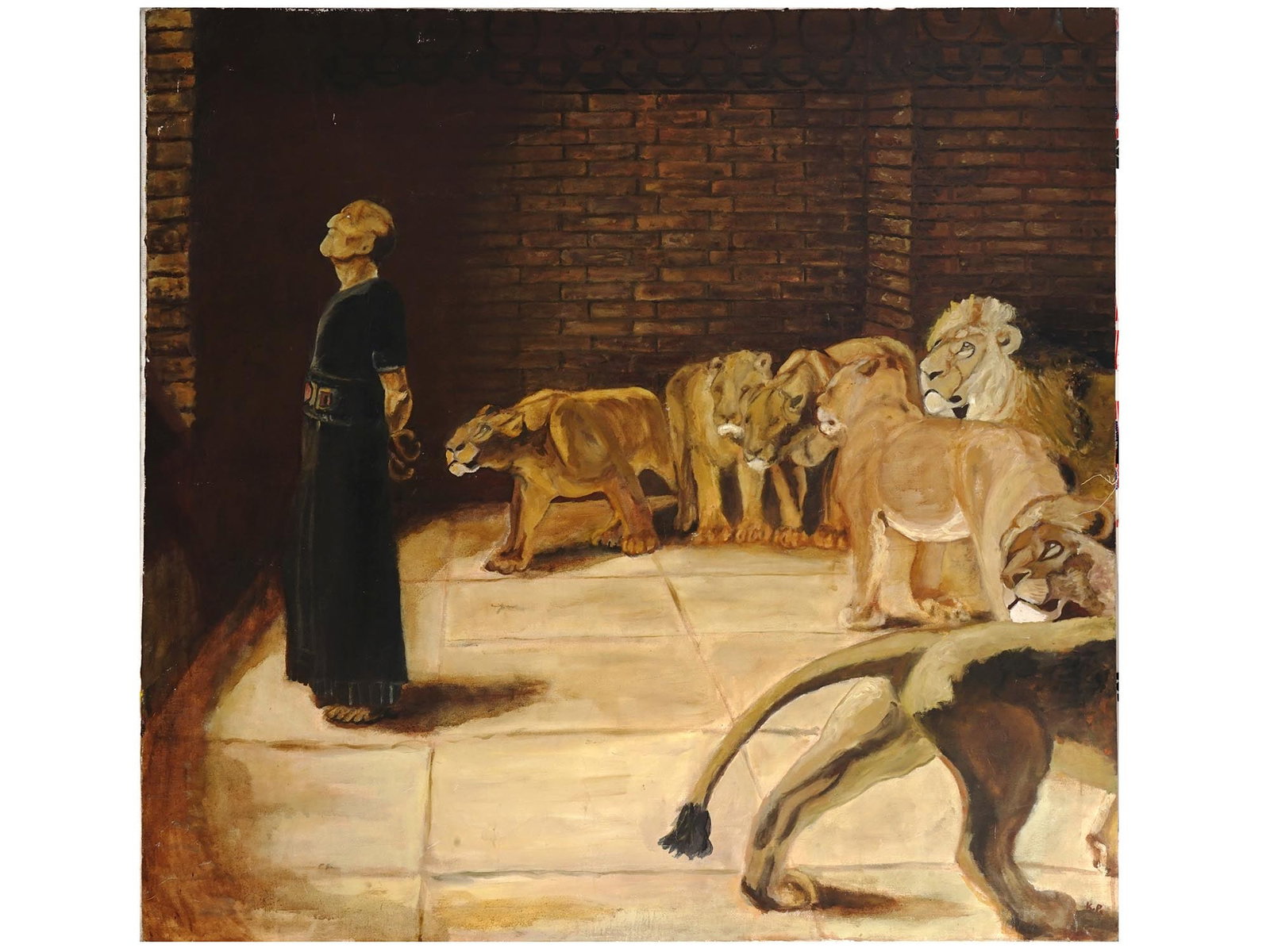 AMERICAN BIBLICAL OIL PAINTING AFTER RIVIERE SIGNED: Keith Pezzoli, a 20th century American artist, oil painting on canvas, Daniels Answer to the King, after the original oil painting on canvas, 1890, by Briton Riviere, British, 1840 to 1920. Biblical n