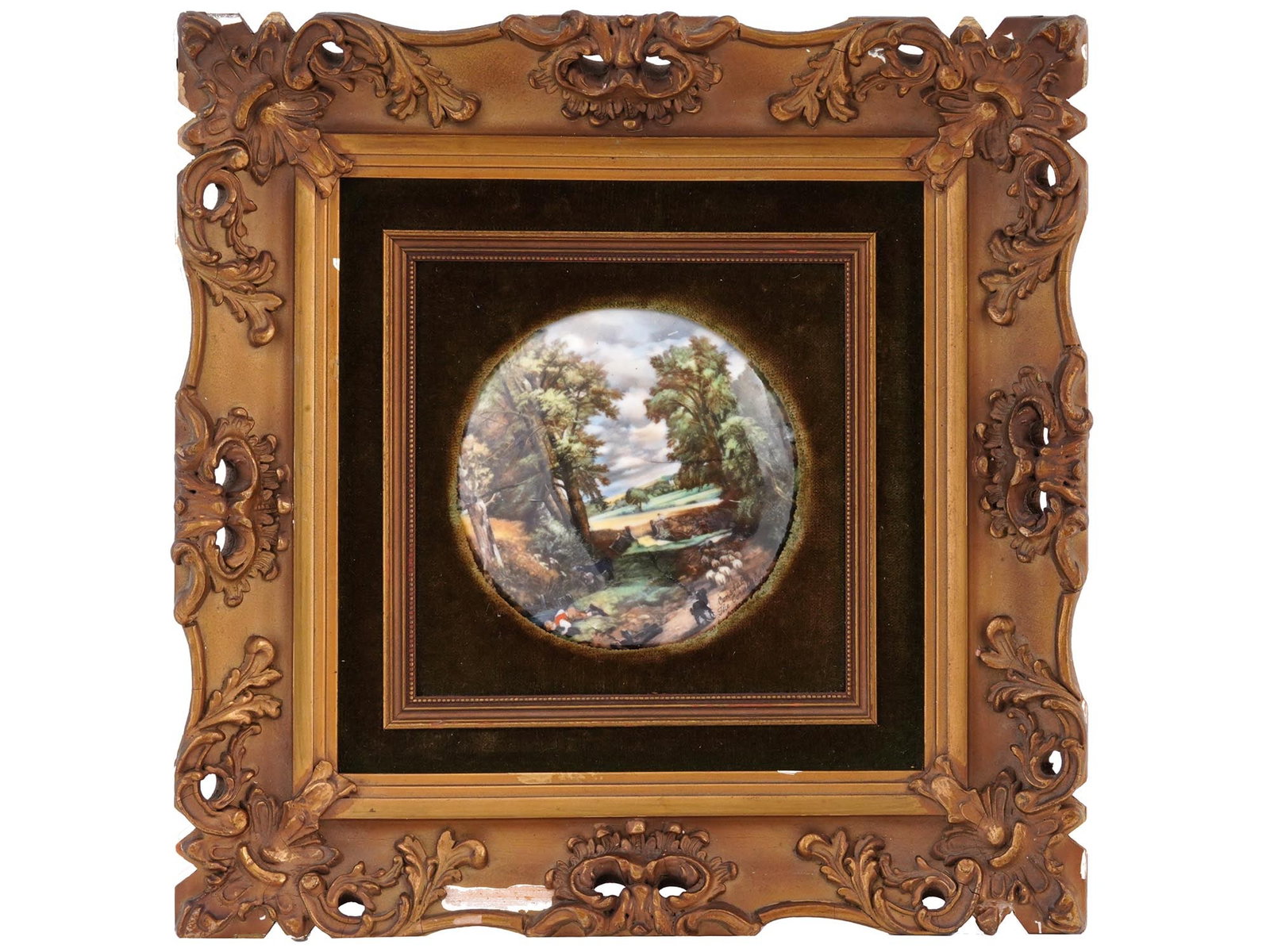 ENGLISH ENAMEL CERAMIC PLAQUE AFTER JOHN CONSTABLE: An English school enamel ceramic plaque, The Cornfield, after the original oil painting on canvas, 1826, by the English artist John Constable, completed from January to March 1826 in the artists studi