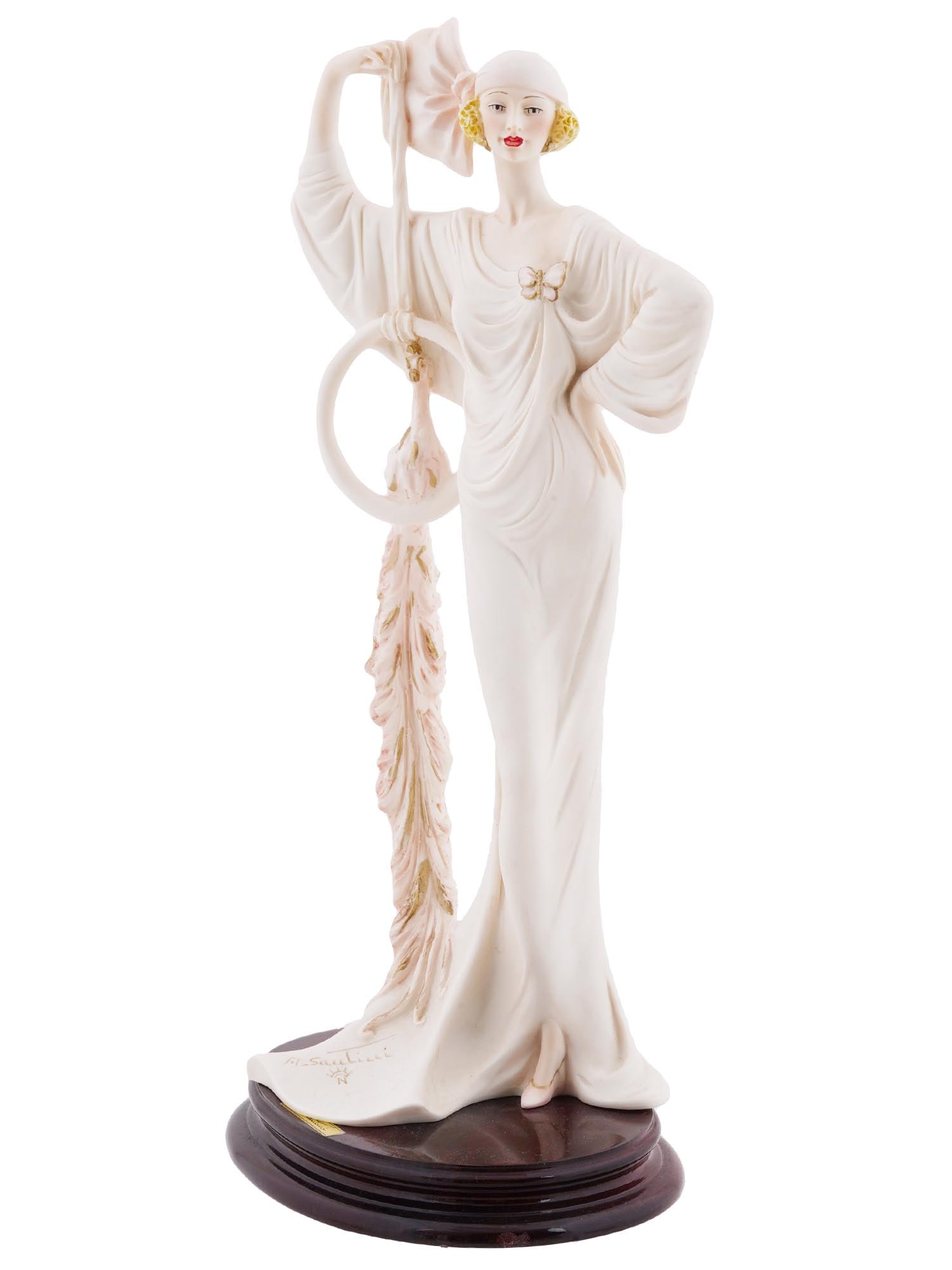 CAPODIMONTE ART DECO FIGURINE BY AMILCARE SANTINI: A nice vintage Italian Art Deco style figurine depicting a fashionable Flapper Lady wearing a long dress and holding a ring with a peacock sitting inside of it by Amilcare Santini, 1910 to 1975. Has a