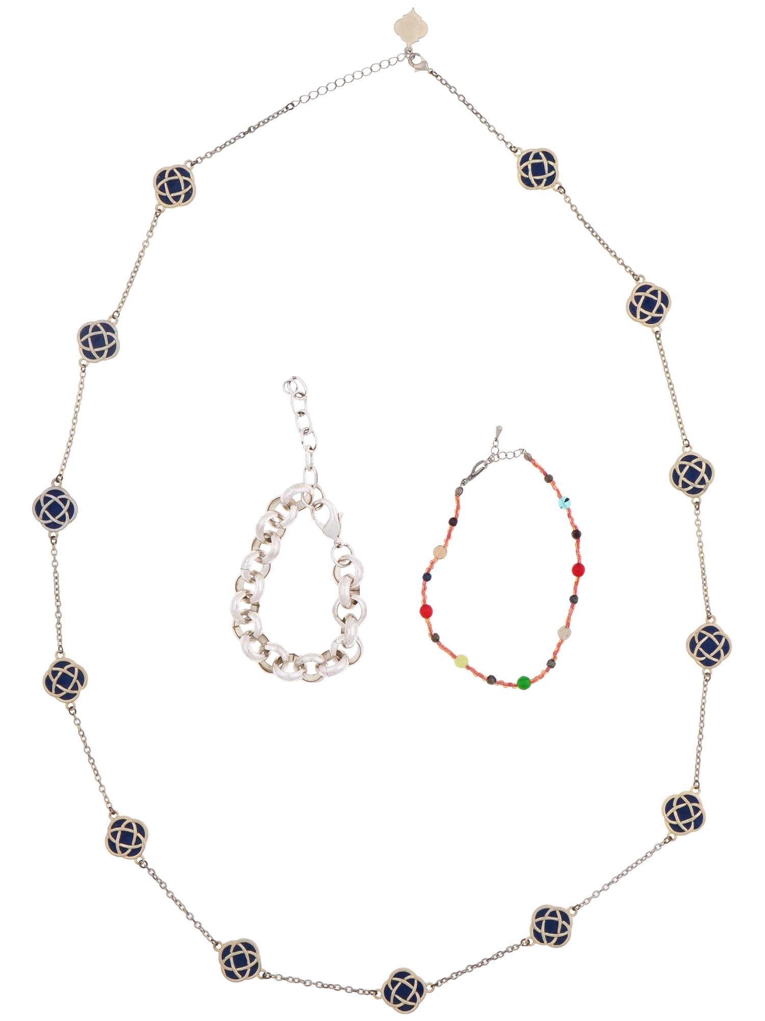 VINTAGE BRACELETS AND FORNASH LONG CHLOE NECKLACE: A lot of vintage jewelry. A total of 3 items. A large cable chain bracelet. A multicolor beaded bracelet. A chain necklace of rope length with blue enameled quatrefoil elements by Fornash, Chloe colle