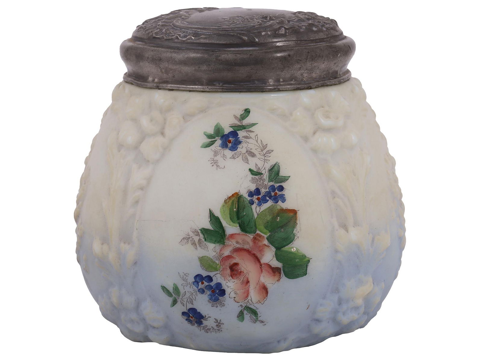 ANTIQUE FRENCH COVERED FLORAL OPALINE GLASS JAR (1 of 6)