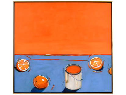 AMERICAN LATVIAN OIL PAINTING BY RAIMONDS STAPRANS: Raimonds Staprans, Latvian, American, born 1926, oil painting on canvas, Three Oranges and The Can, 1963. Signed and dated, lower right. Framed. A paper label of Maxwell Fine Paintings, on the backsid