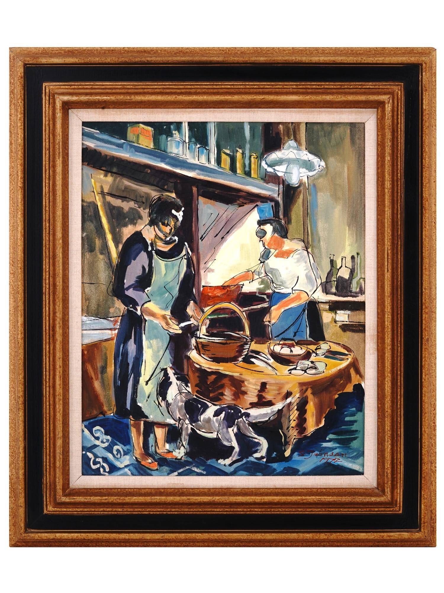 VINTAGE AMERICAN SCENE PAINTING BY S. JOHNSON: A vintage American oil on canvas painting depicting a kitchen scene with two women and a dog. Signed by S. Johnson and dated 1972 lower right. Framed. Vintage Scene Paintings And Art Collectibles. Dim
