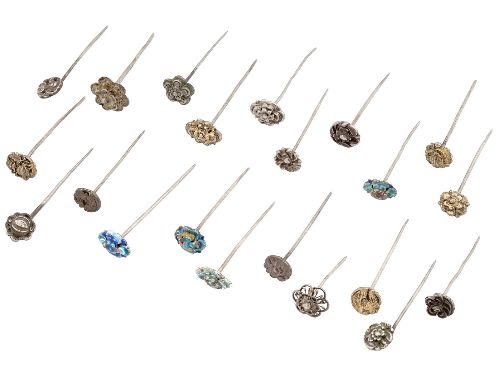 LOT OF VINTAGE ASIAN SILVER ENAMEL FLOWER PINS (1 of 9)