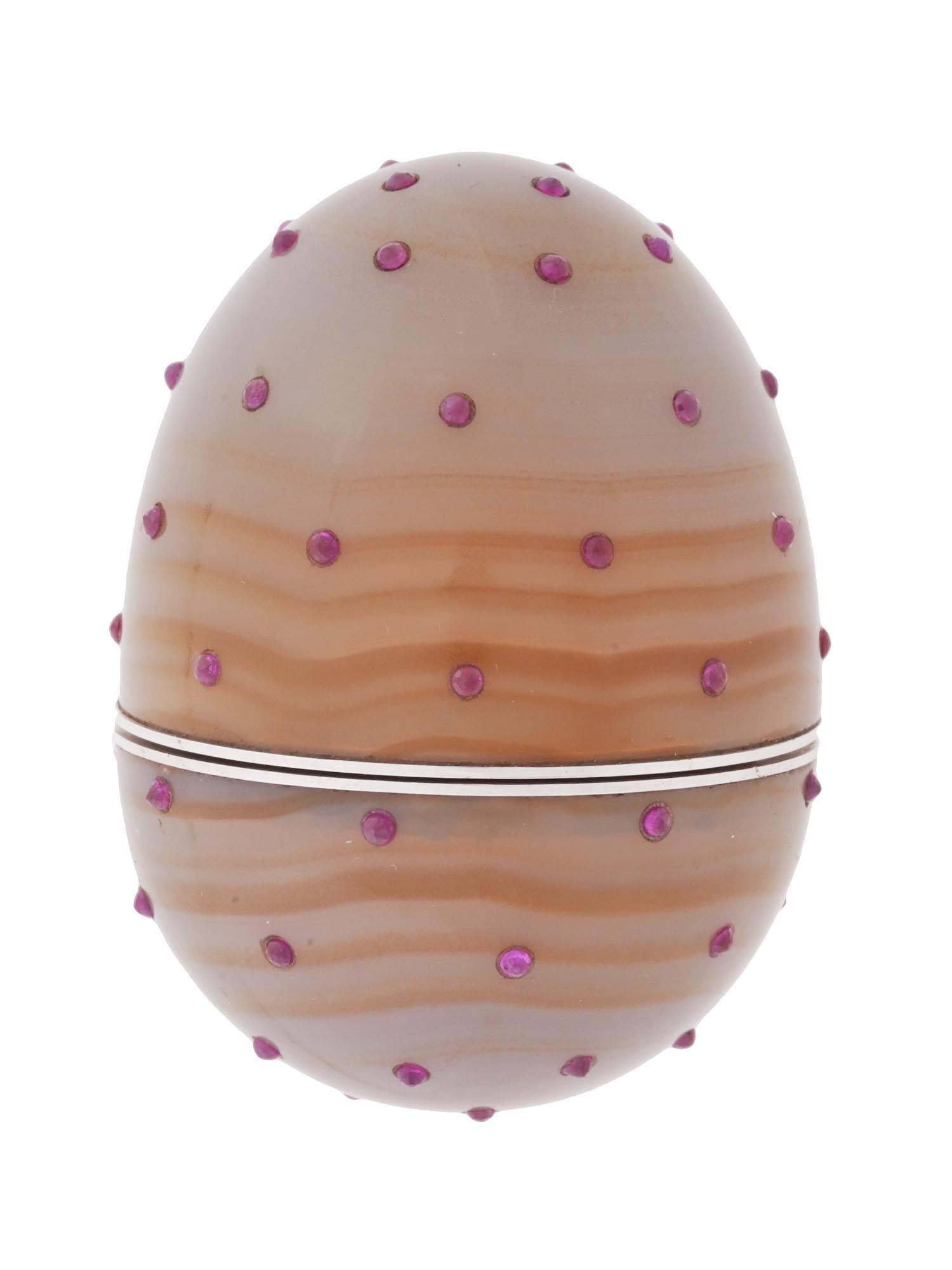 RUSSIAN CARVED AGATE 88 SILVER EGG BOX WITH RUBIES (1 of 9)