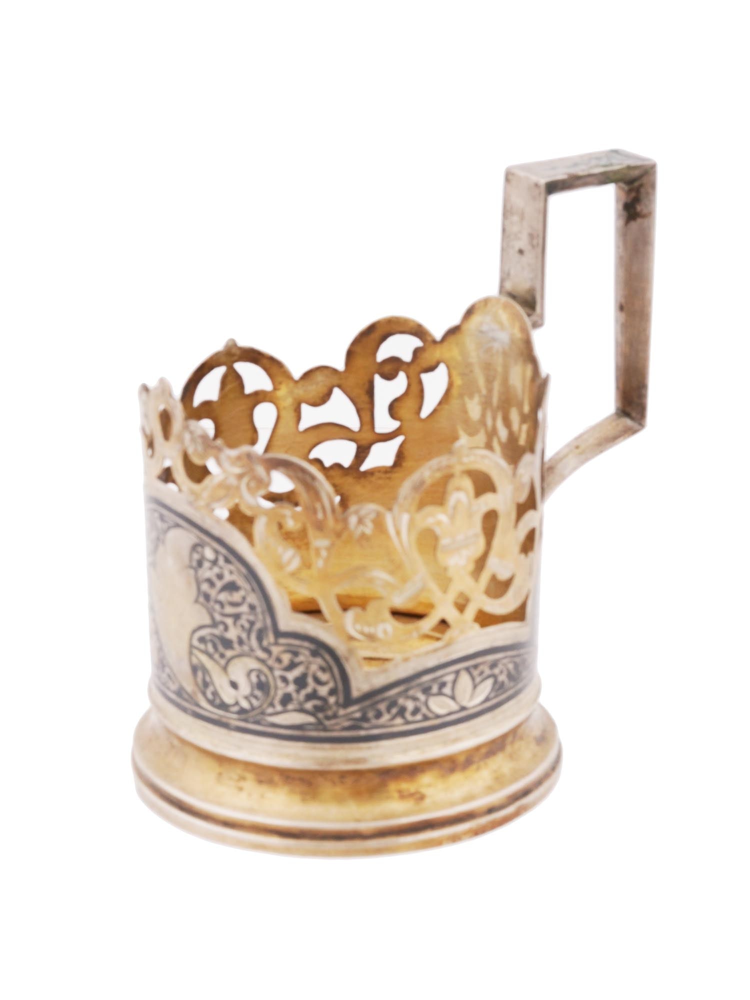 RUSSIAN GILT SILVER ETCHED NIELLO TEA GLASS HOLDERS (1 of 10)
