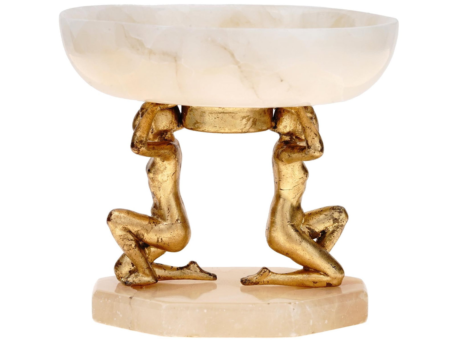 ART DECO GILT BRONZE AND ROSE QUARTZ COMPOTE BOWL: An antique early 20th-century Art Deco footed centerpiece. The carved round rose quartz bowl is supported by two gilt bronze female nude figurines. The sculptures rest on a rose quartz base. Fine qual