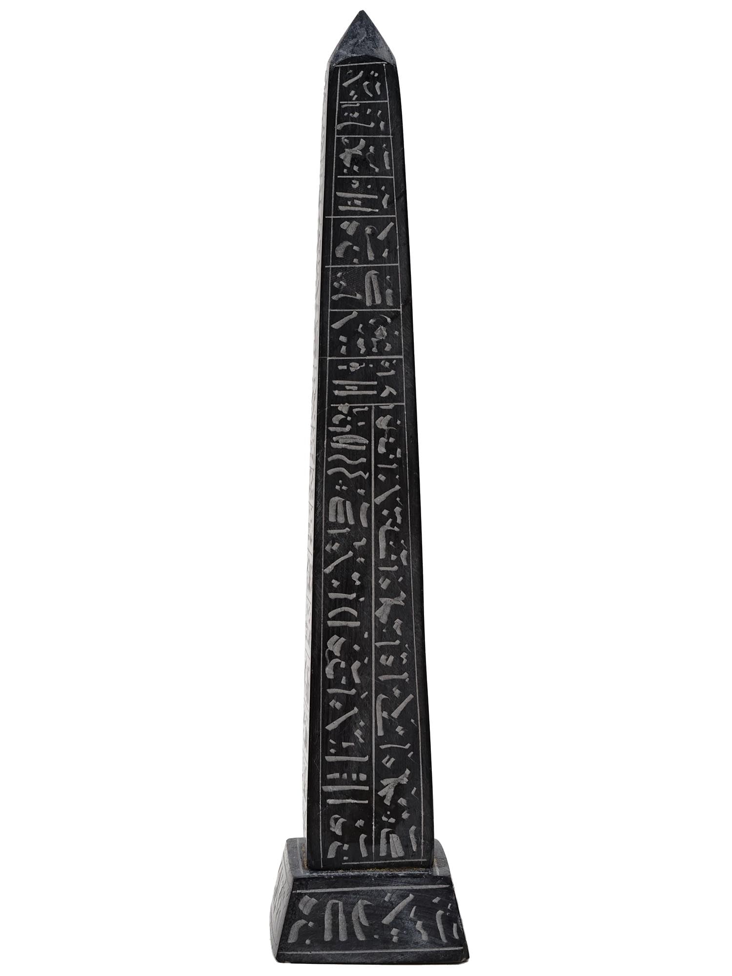 EGYPTIAN REVIVAL STONE OBELISK WITH HIEROGLYPHS: An early 20th-century black stone obelisk. The piece has incised Egyptian hieroglyphics on each side. Home Decor And Classic Desk Accessories, Grand Tour Souvenirs. Dimensions: H 9 1/4 in. All measure