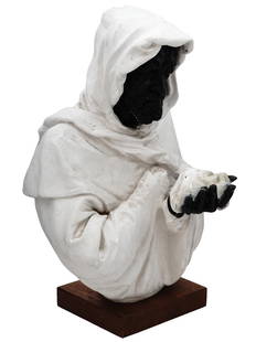 1969 PLASTER BUST OF OTHELLO AFTER PIETRO CALVI: A mid-20th century hand-painted plaster bust. After a 1860s marble and bronze sculpture by Pietro Calvi, 1833 to 1884, an Italian sculptor. The piece represents Othello, a famous Shakespearean charact