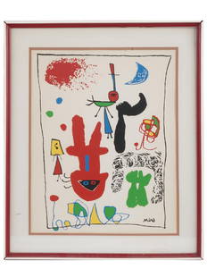 ABSTRACT SPANISH COLOR LITHOGRAPH BY JOAN MIRO: Joan Miro, Spanish, Catalan, 1893 to 1983, color lithograph on paper, Acrobats in the Night Garden, 1948. Signed in the plate lower right. Framed. Joan Miro, a Catalan painter, sculptor, and