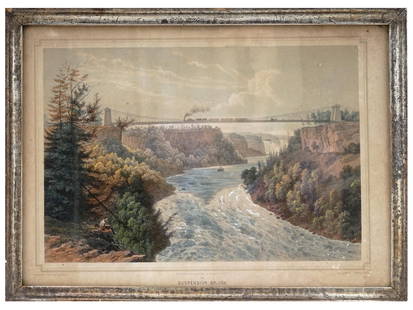 ANTIQUE AMERICAN LITHOGRAPH BY AUGUSTUS KOLLNER: Hand-colored lithograph on paper, Plate 24 from August Kollners Views of American Cities. Titled Suspension Bridge, Niagara Falls underneath. Dated 1848. Wooden frame. Augustus Kollner, 1812 to 1906,