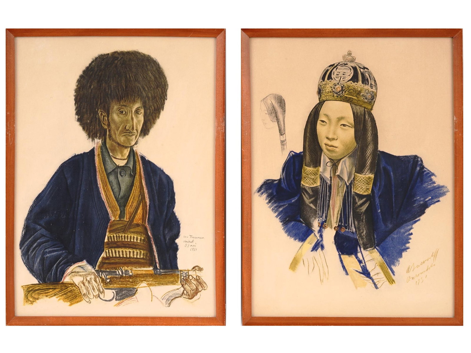 RUSSIAN PORTRAIT LITHOGRAPHS BY ALEXANDRE YAKOVLEV: A lot of two color lithographs, reproductions of charcoal painting by Alexandre Yakovlev, also spelt Jacovleff, 1887 to 1938, a Russian emigre artist of neoclassicist movement, student of Dmitry Kardo