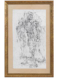 ATTR TO ALBERTO GIACOMETTI STUDY CHARCOAL PAINTING: Alberto Giacometti, French, Swiss, 1901 to 1966, charcoal painting on paper depicting a portrait study. Signed lower left. Framed. Alberto Giacometti was a Swiss sculptor, painter, draftsman and print