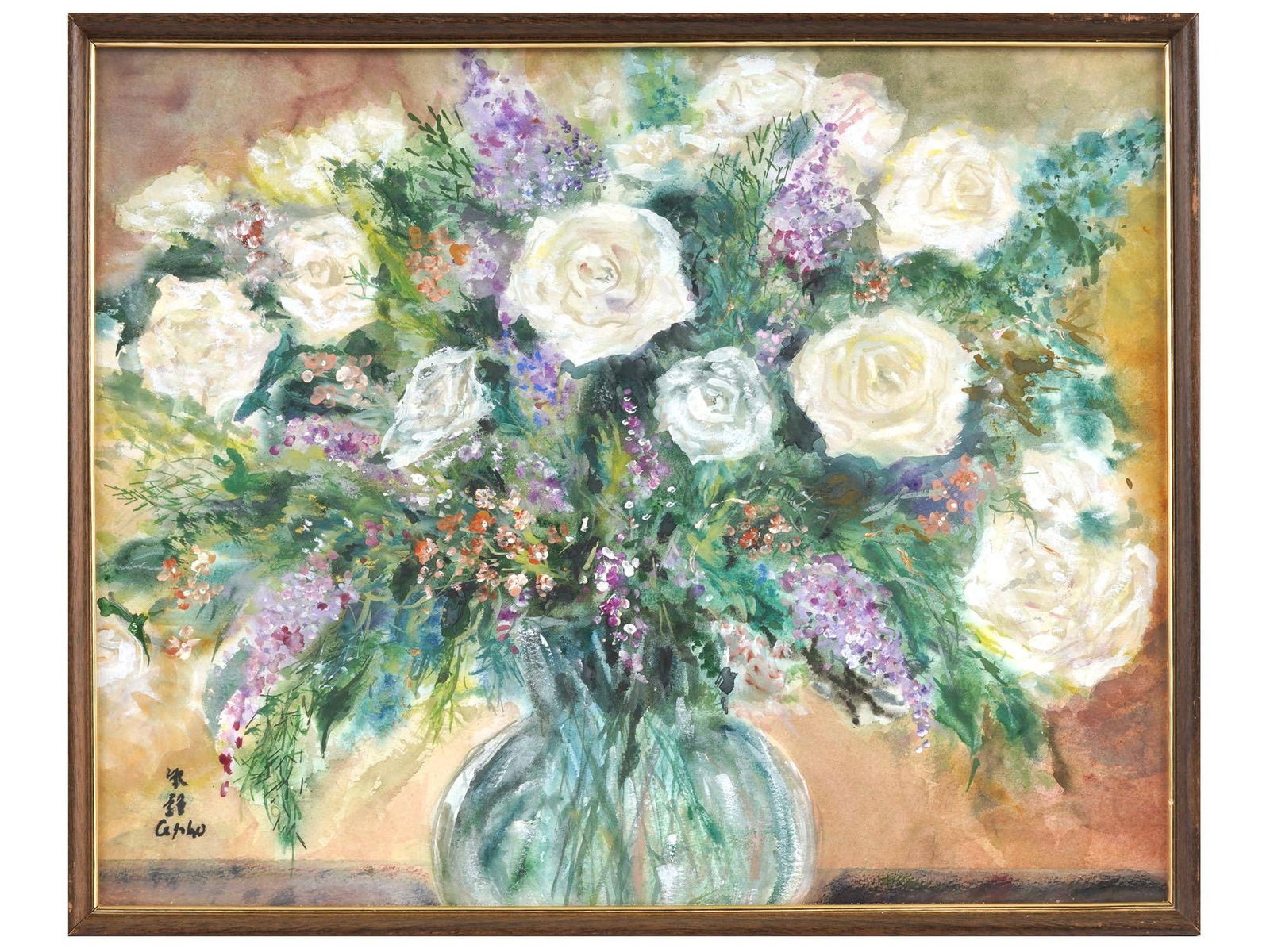 VIETNAMESE FRENCH FLOWERS OIL PAINTING BY LE PHO: Le Pho, Vietnamese, French, 1907 to 2001, mixed media, oil and watercolor, painting on paper mounted on board depicting a still life with flowers. Signed with Calligraphy and in Latin, lower left. Cir