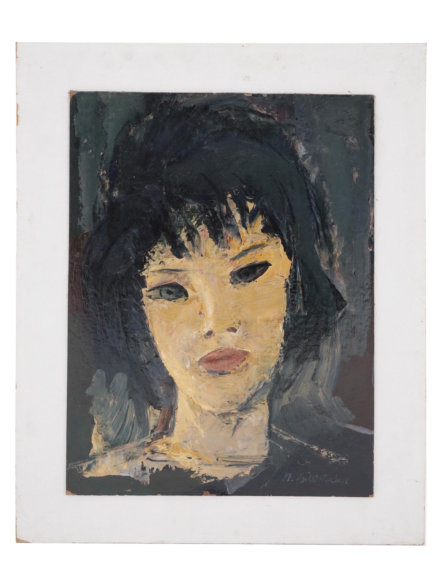 GEORGIAN PORTRAIT OIL PAINTING BY PYOTR BLETKIN: Pyotr Peter Bletkin, Georgian, 1903 to 1988, oil painting on cardboard depicting a portrait of a woman, 1974. Signed lower right. Additionally inscribed and dated, on the backside. Pyotr Mikhailovich 
