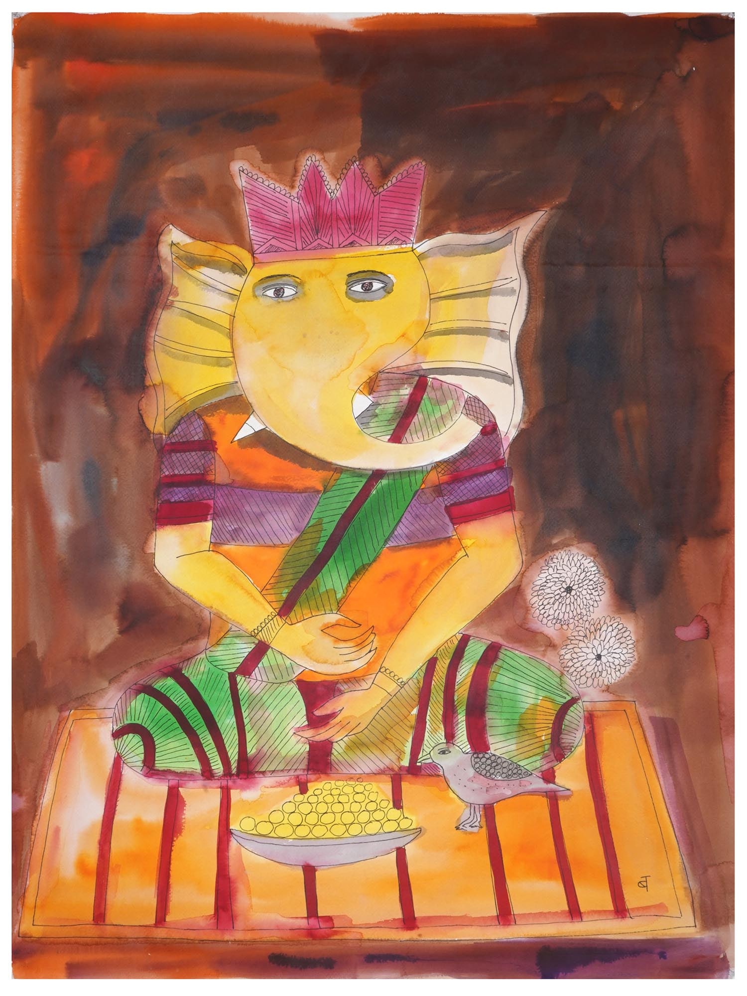 INDIAN GANESHA WATERCOLOR PAINTING BY BADRI NARAYAN: Badri Narayan, Indian, 1929 to 2013, watercolor painting on paper depicting a portrait of Loving Ganesha, Hinduisms Endearing Elephant Faced God with a bird, 2007. Signed lower right. Completed with a