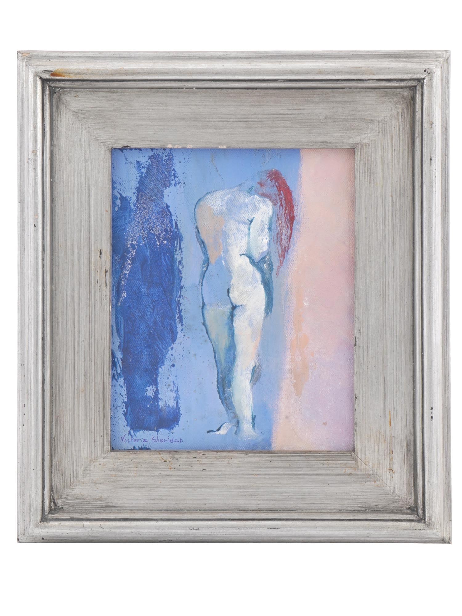 NUDE FEMALE OIL PAINTING BY VICTORIA SHERIDAN: Victoria Sheridan, Argentinian, American, a Post Impressionist oil on canvas painting depicting a Nude Female figure. Signed by the artist lower left. Framed. Victoria Sheridan was born and raised in 