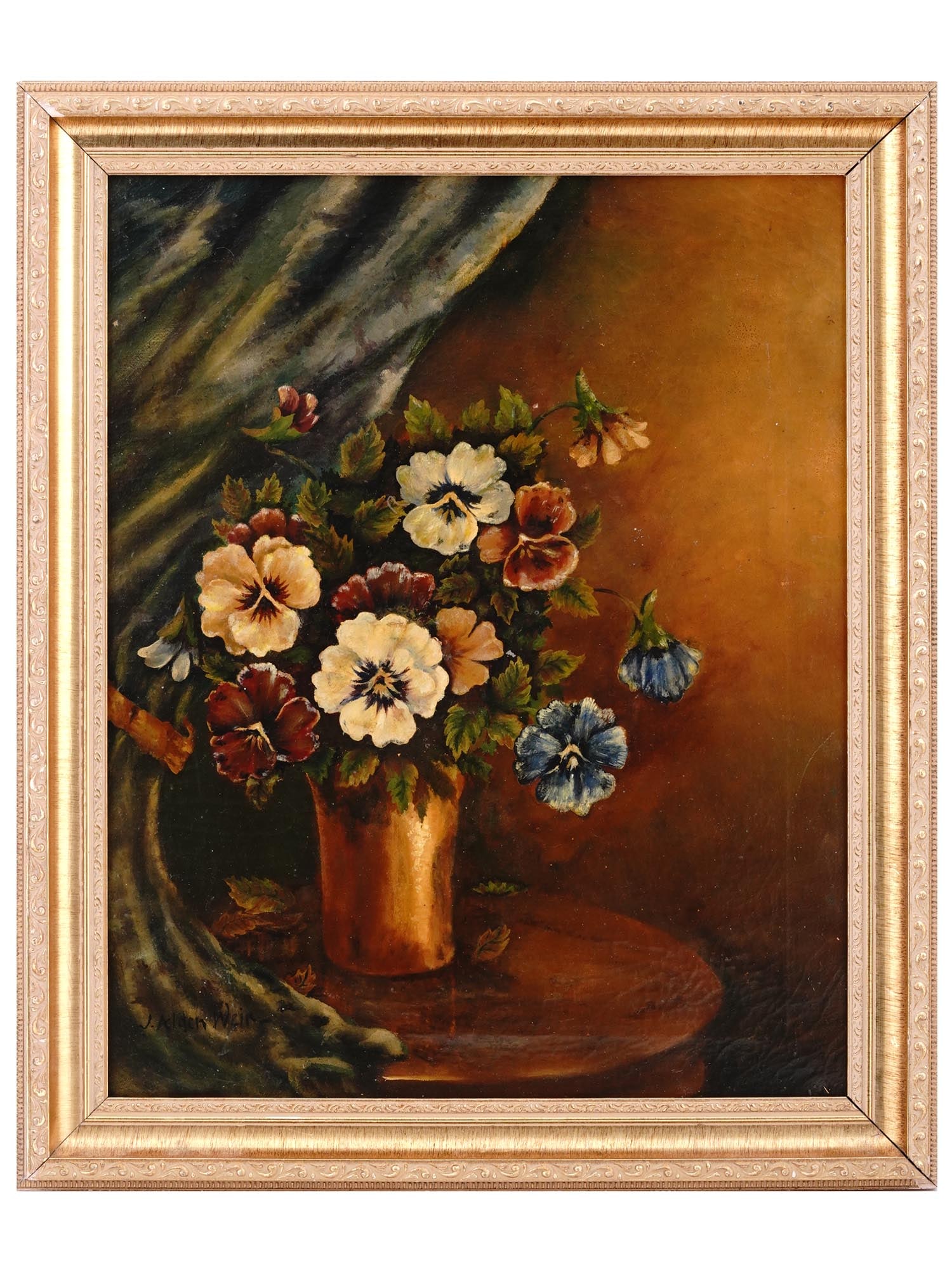 J. ALDEN WEIR IMPRESSIONIST STILL LIFE OIL PAINTING: J. Alden Weir, American, 1852 to 1919, oil on canvas painting depicting a still life with a bouquet of flowers. Signed by the artist lower left. Housed in a giltwood frame. Julian Alden Weir was an Am