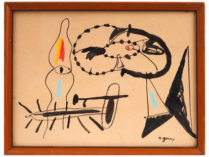 1946 AMERICAN ABSTRACT PAINTING ATTR ARSHILE GORKY: Mixed media painting on paper attributed to Arshile Gorky. Arshile Gorky, born Vostanik Manoug Adoian, 1904 to 1948, was an Armenian-American painter who had a strong influence on Abstract