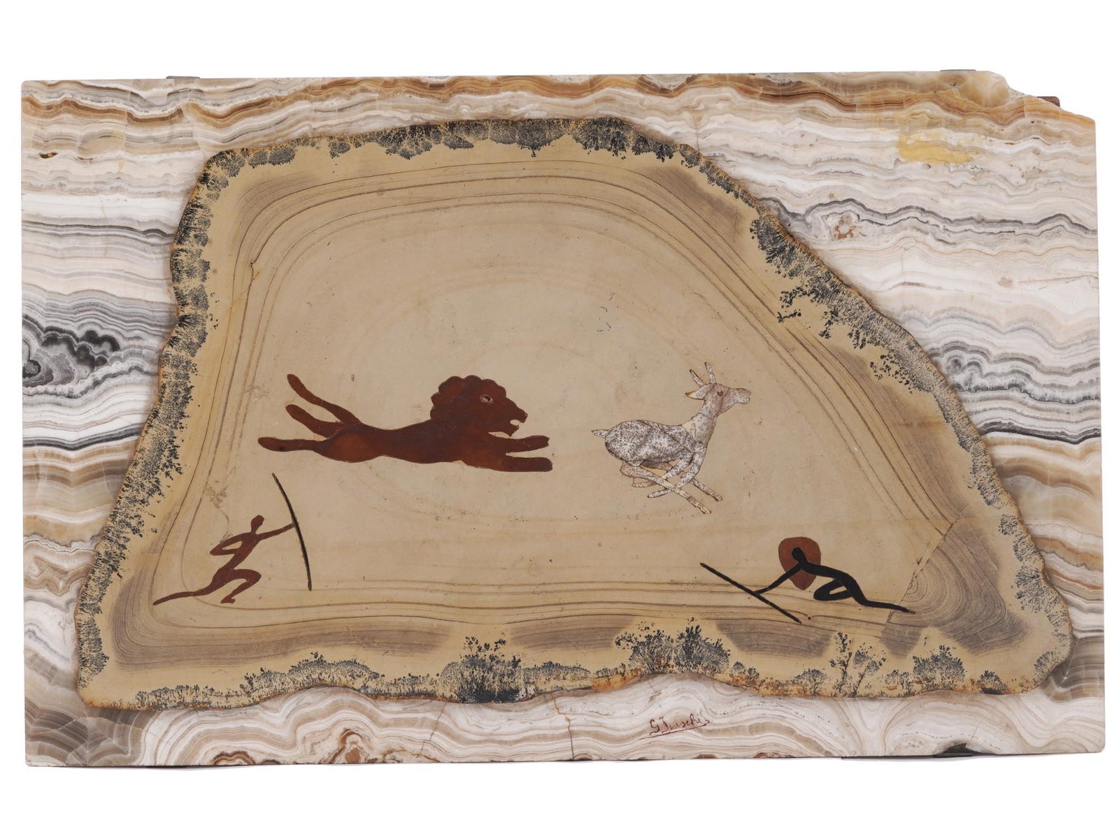 ITALIAN PIETRA DURA STONES HAND SIGNED ARTWORK: A vintage Italian, Firenze, hand made stone artwork made in the pietra dura technique using Onyx, Egypt Porphyry, Crystal Dendrite, and other stones. The artwork depicts a primitive scene with a lion