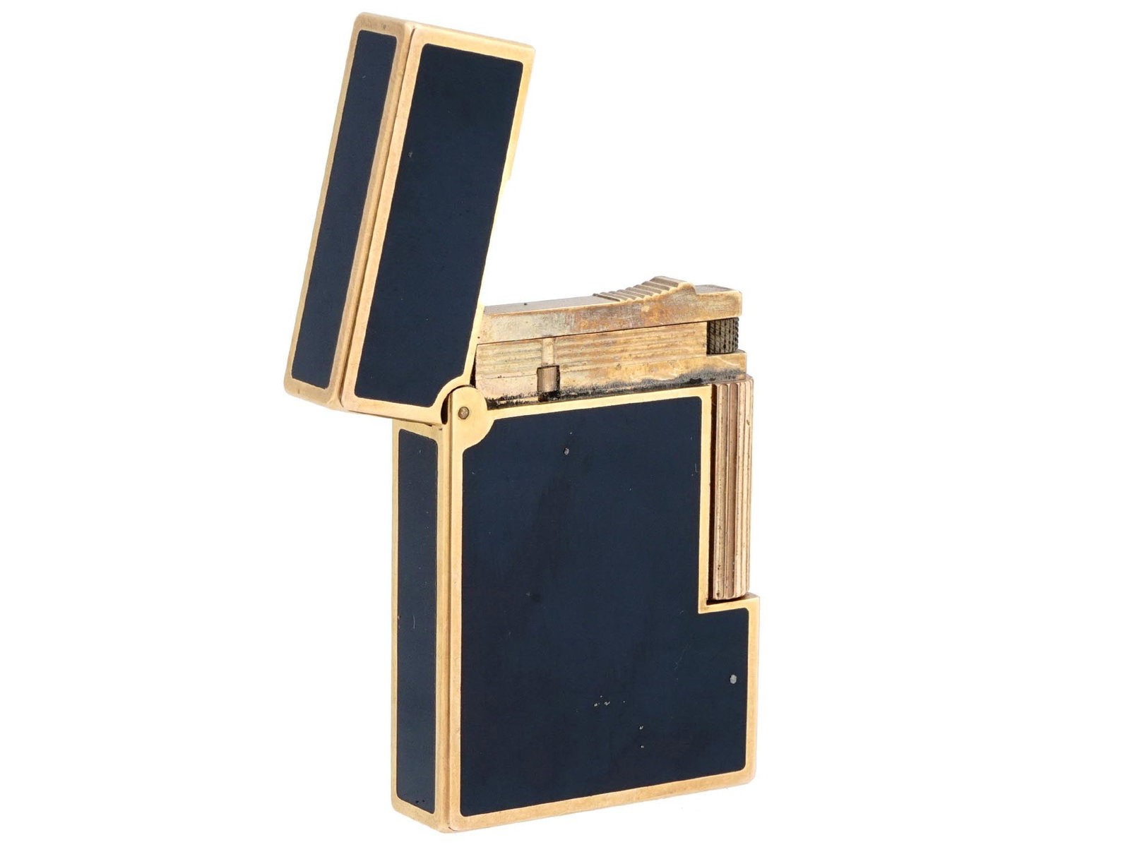 FRENCH ST DUPONT PARIS GOLD BLACK POCKET LIGHTER: A French S. T. Dupont Paris pocket lighter. The exterior of the lighter is decorated with a gold finish and navy black lacquer inlay. Marked, S. T. Dupont Paris, Made in France, Laque de Chine, an imp