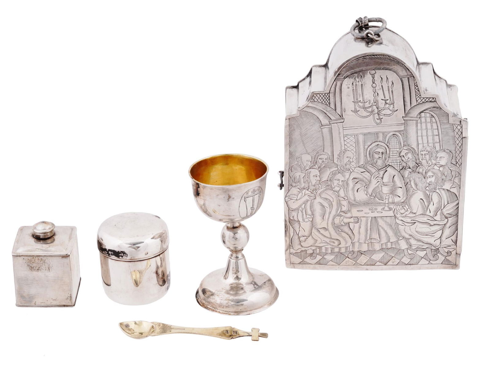 IMPERIAL RUSSIAN SILVER TRAVELLING COMMUNION SET: A rare and unusual Russian Orthodox communion set made of silver. A total of 5 items. A chalice cup with engraved Orthodox cross on the front and gilt interior, unmarked. Two covered cruet boxes of ro