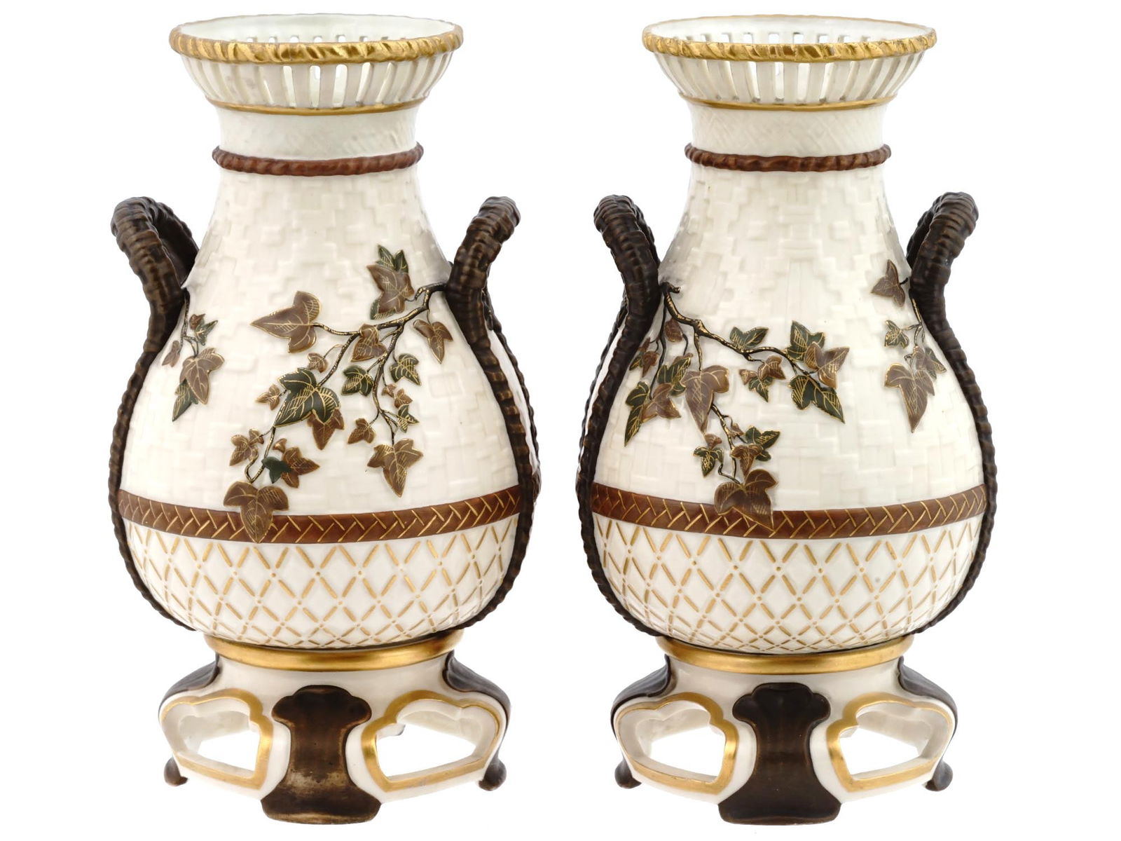 ANTIQUE ROYAL WORCESTER PORCELAIN WICKER VASES (1 of 6)
