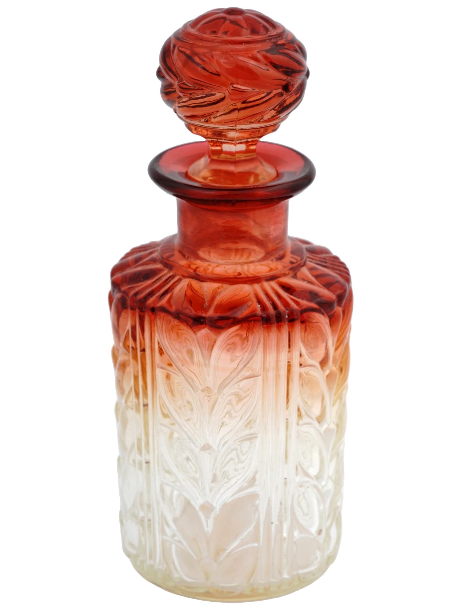 ANTIQUE FRENCH CRYSTAL BACCARAT ROSE PERFUME BOTTLE: A beautiful antique Baccarat cologne or perfume bottle in Rose Tiente color, featuring a molded glass body with relief leaf and column decor having pale amber at the bottom rising to cranberry at the 
