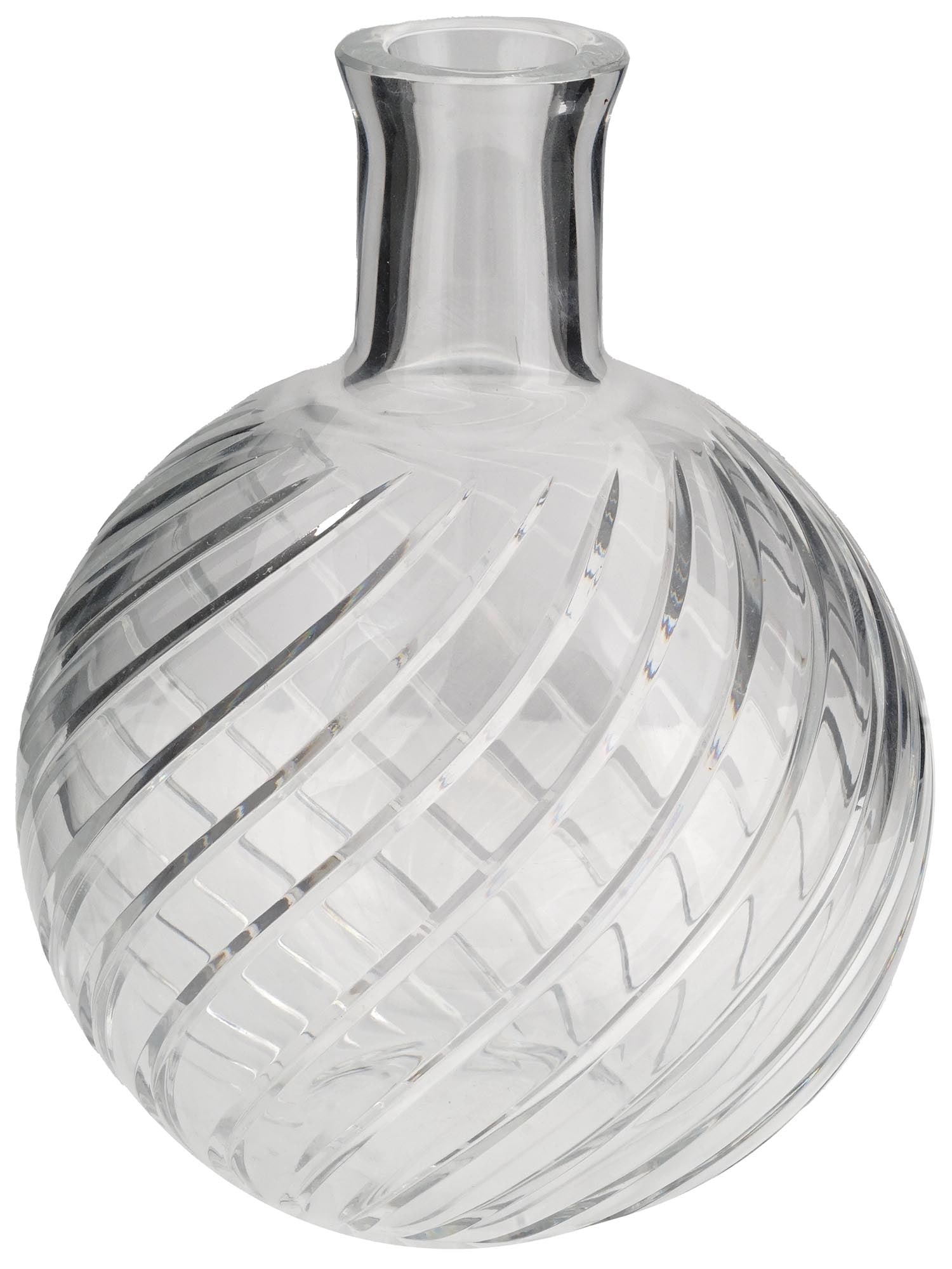 1990S BACCARAT CRYSTAL CYCLADES ROUND SWIRL VASE: A vintage 1990s clear crystal vase by Baccarat, a French manufacturer of fine crystal. Cyclades model. Spherical body with cut swirl design, elongated neck. Etched hallmark Baccarat France is on the b