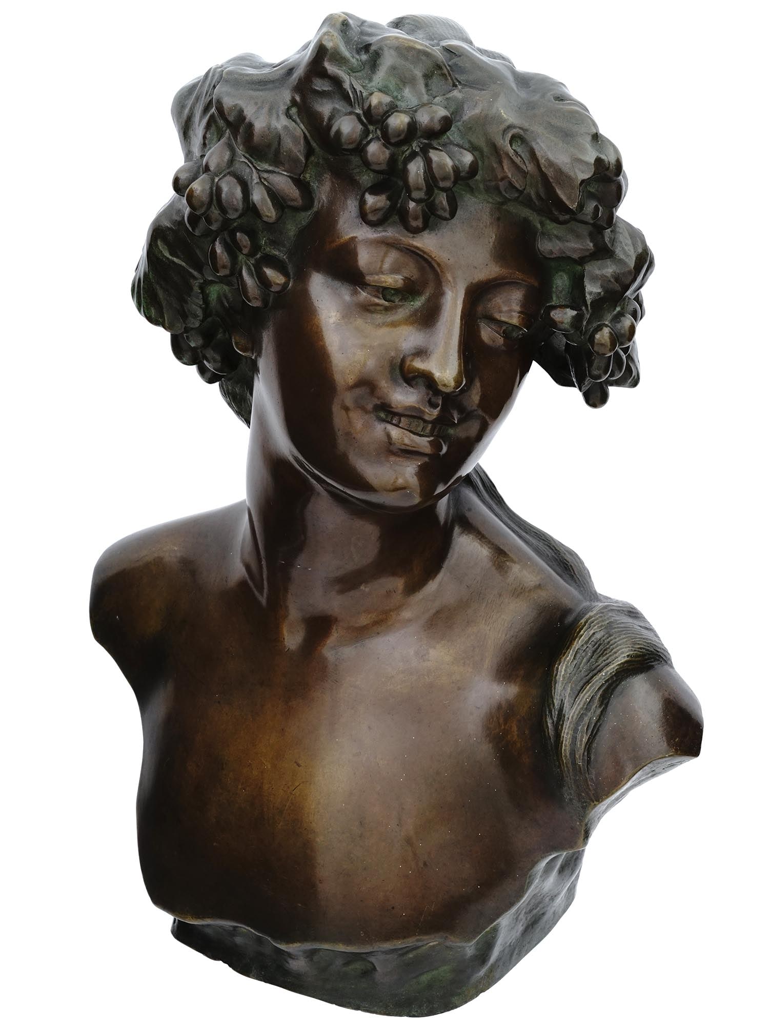 ANTIQUE BRONZE BUST OF BACCHUS AFTER JEF LAMBEAUX: After Jef Lambeaux, Belgian, 1852 to 1908, bronze bust of Bacchus, the Roman god of wine and revelry. This masterfully executed piece captures the essence of Bacchus, known for his jovial and celebrat
