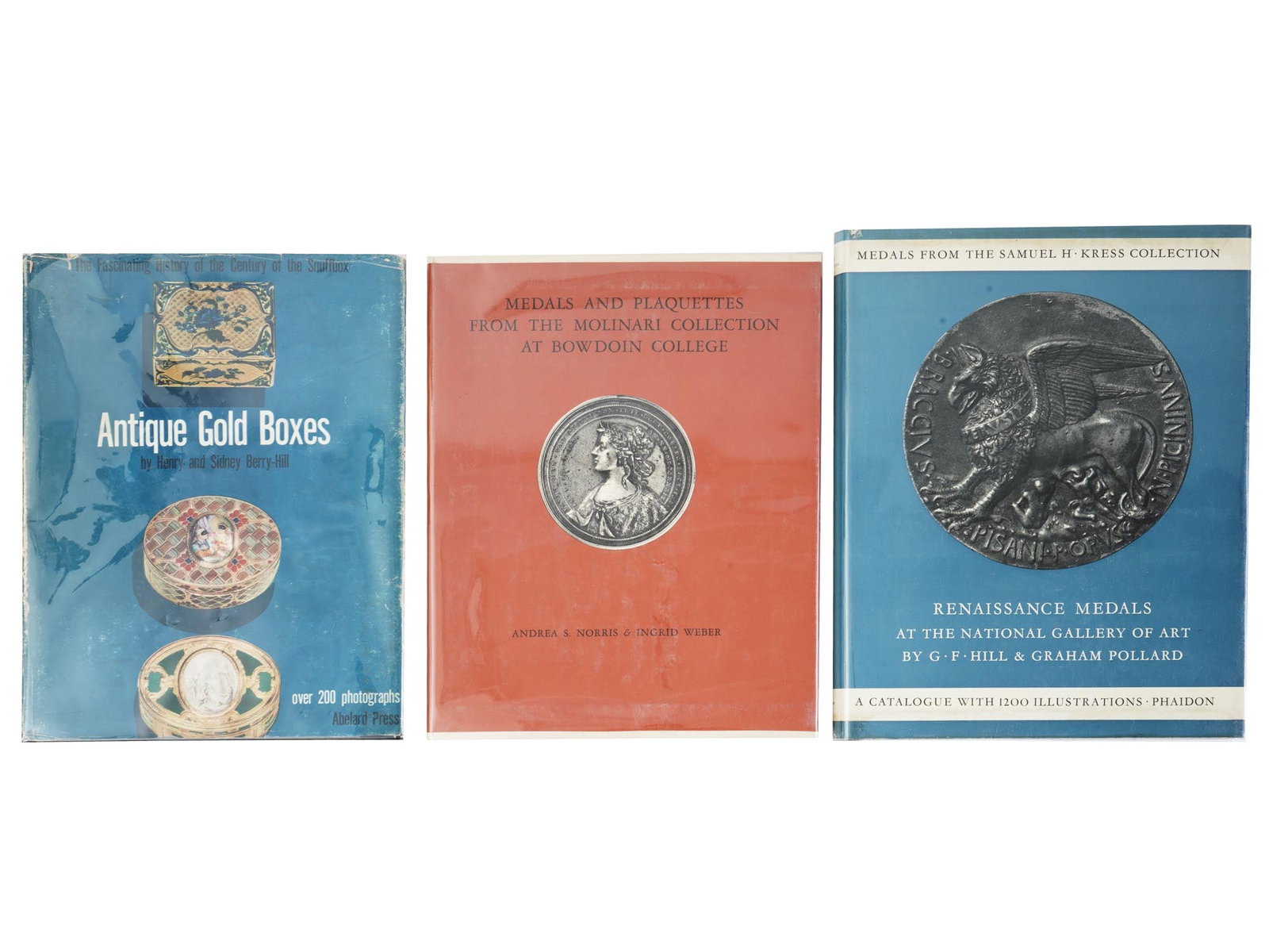 VINTAGE ART BOOKS AND MEDAL COLLECTION CATALOGUES: A lot of three vintage art books. Antique Gold Boxes, The Fascinating History of the Century of the Snuffbox by Henry and Sidney Berry-Hill, published by Abelard Press, 1953. Medals and Plaquettes fro
