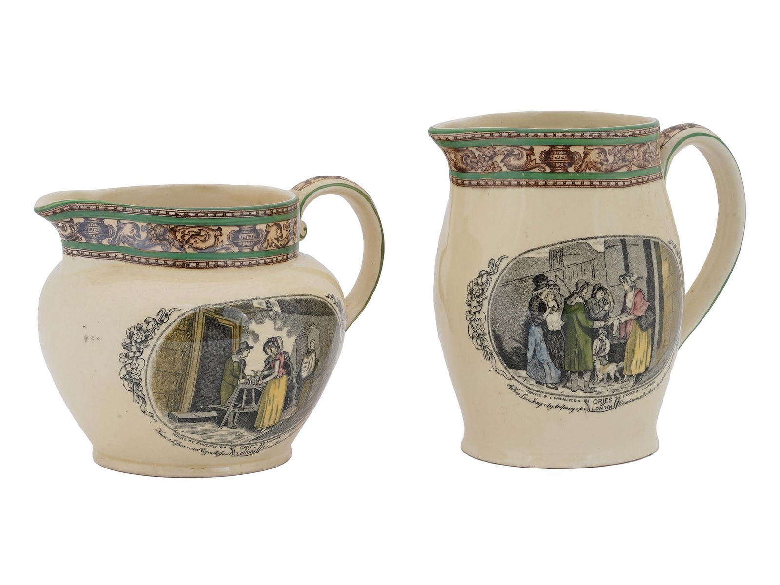 ENGLISH ADAMS TUNSTALL STONE WARE PITCHER JUG SET: An antique English William Adams and Sons Tunstall stone ware set of a jug and a pitcher. The wares are adorned with scenes from Cries of London and were originally painted by Francis Wheatley and eng