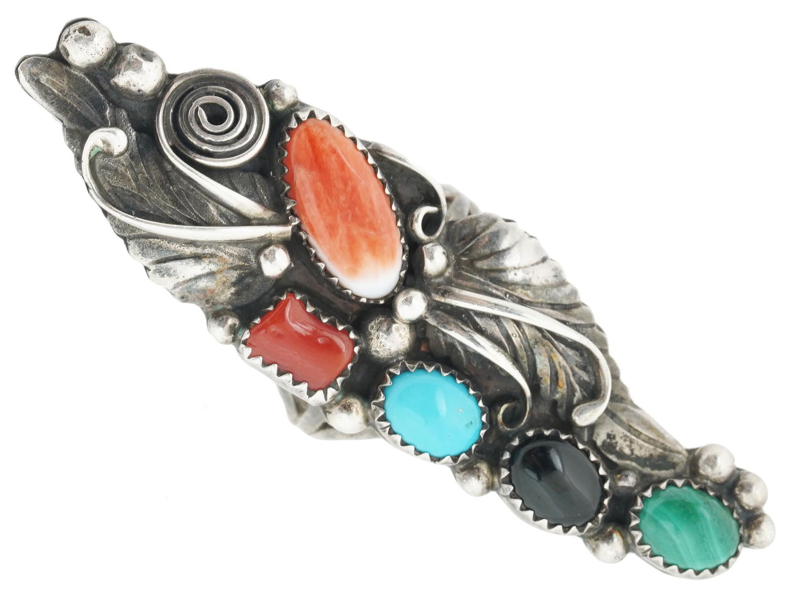 NAVAJO STERLING CORAL TURQUOISE MALACHITE RING (1 of 4)