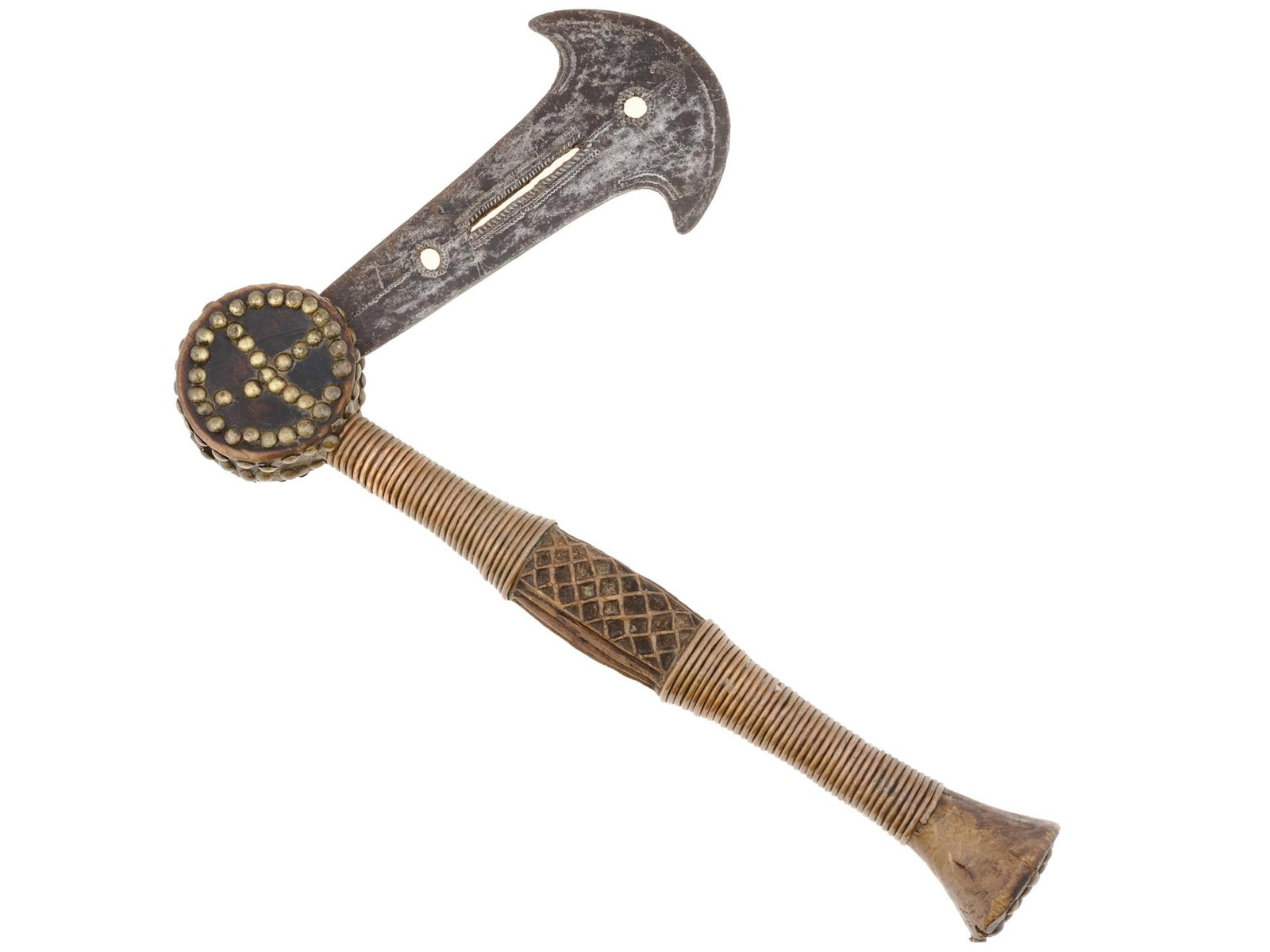 AFRICAN TRIBAL CEREMONIAL AX: An African tribal ceremonial ax featuring intricate carvings, embellishments, and symbolic motifs. The design of the ceremonial ax consists of a wooden handle adorned with decorative metalwork. The bl