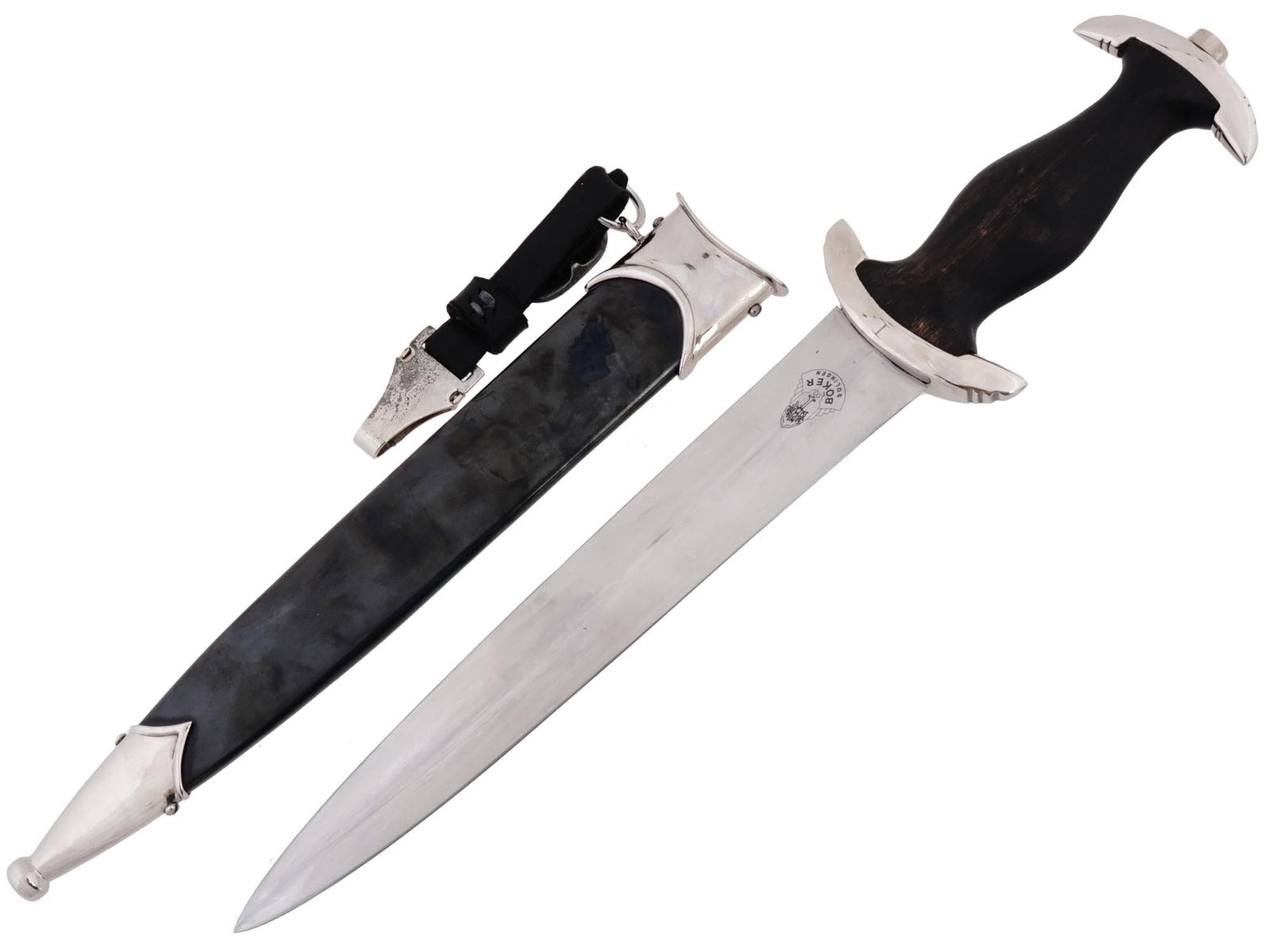 WWII NAZI GERMAN WAFFEN SS BOKER SOLINGEN DAGGER: A WWII Nazi German Waffen SS dagger. The blade is constructed of nickel silver plated metal and engraved with a motto in German, My Honor Is Loyalty. The ricasso has a makers mark reading Boker, Solin