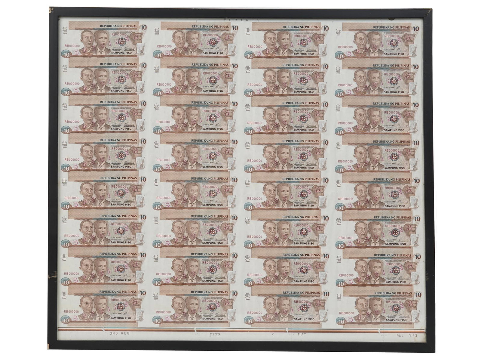 AN UNCUT SHEET OF PHILIPPINE TEN-PESO BANKNOTES: An uncut sheet of 32 Philippine 10-peso banknotes issued by the Bangko Sentral ng Pilipinas with Apolinario Mabini and Andres Bonifacio are featured on the front side of the notes, while the Barasoain