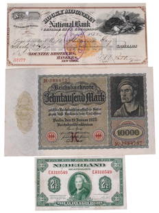 ANTIQUE AND VINTAGE INTERNATIONAL PAPER MONEY BANKNOTES: A 1875 American Rocky Mountain National Bank deposit slip for 30 dollars. A 1922 German Weimar Republic 10 000 Mark Reichsbanknote featuring the portrait of a Young Man by Albrecht Durer to the obvers