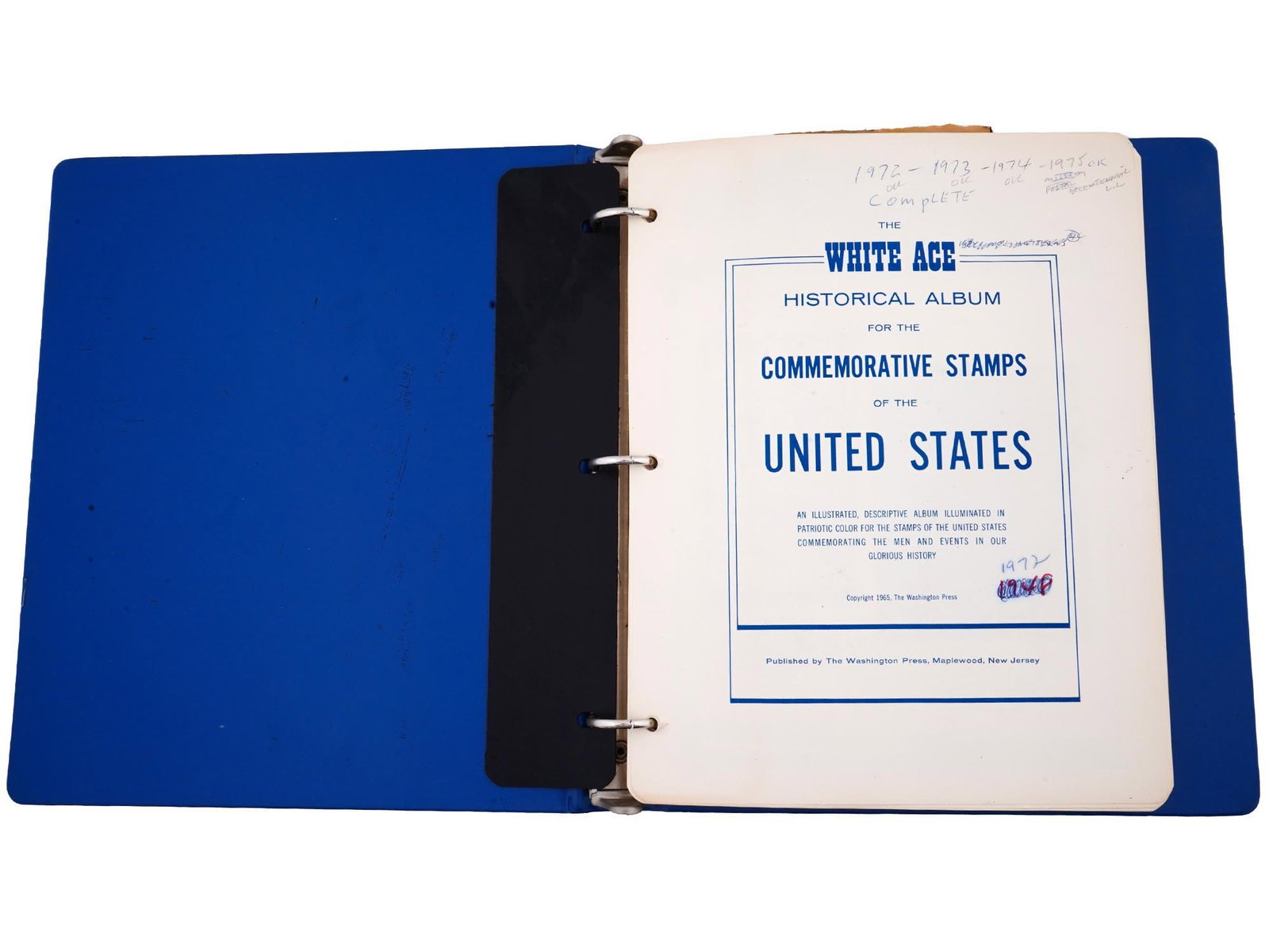 WHITE ACE HISTORICAL ALBUM OF COMMEMORATIVE STAMPS: The White Ace Historical Album of the Commemorative Stamps of the United States, spanning the years 1972 to 1975. This album serves as a captivating window into a specific period of American history, 