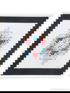 JUDAICA STAR OF DAVID SILK PRINT BY YAACOV AGAM: Yaacov Gibstein Agam, Israeli Jewish, French, American, born 1928, limited edition Agamagram Hologram serigraph on paper, Star of David, after the mixed media painting on plastic board, 1980. Signed l