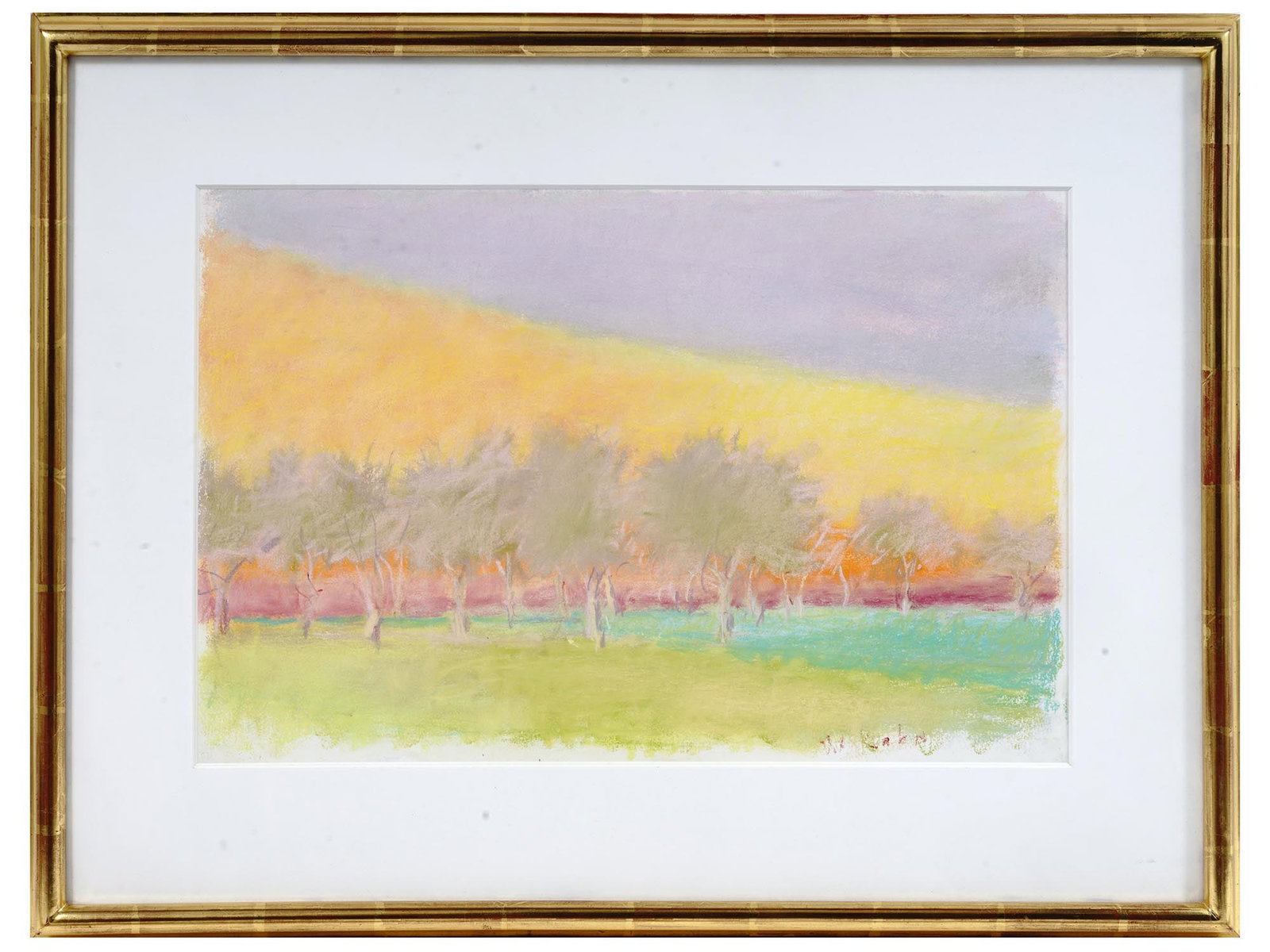 GERMAN AMERICAN LANDSCAPE PAINTING BY WOLF KAHN: Wolf Kahn, German, American, 1927 to 2020, watercolor and pastel painting on paper, Yellow, Red, Green, and Gray, 1995. Signed lower right. Framed. Provenance: Hill Auction Gallery, Sunrise, FL, Unite