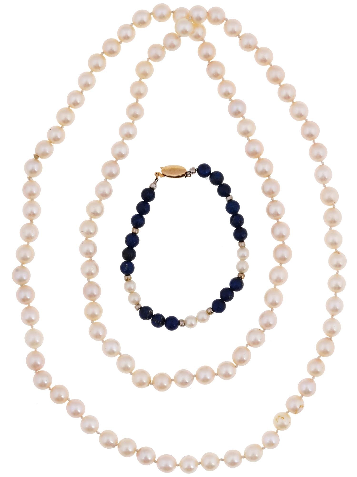 14K GOLD LAZURITE PEARL BRACELET AND NECKLACE SET (1 of 2)