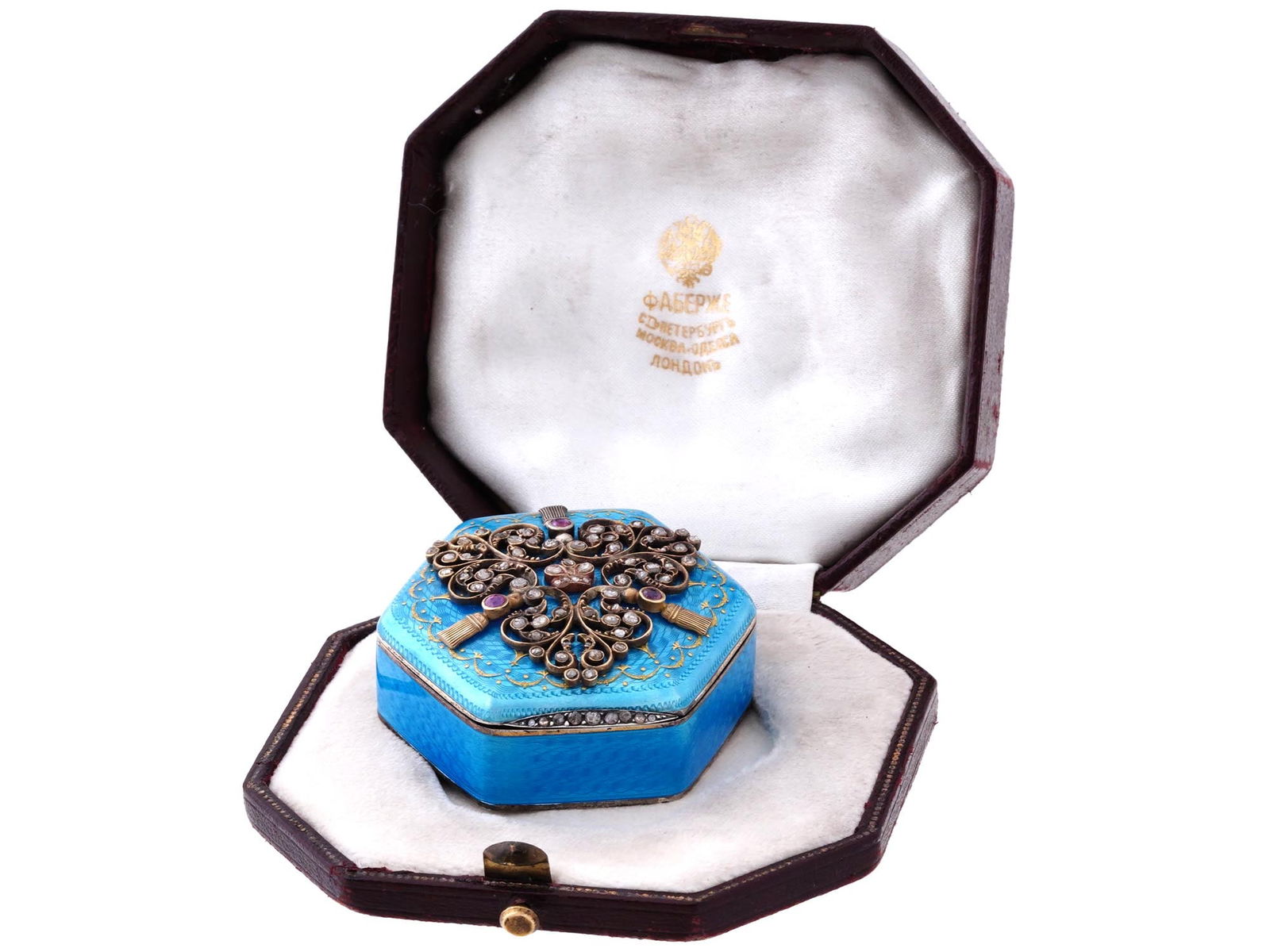 RUSSIAN 88 SILVER AMETHYST ENAMEL DIAMONDS PILL BOX: A Russian 88 Silver and enamel pill box. The exterior of the box is covered with Guilloche enamel in a light blue shade. A lid is adorned with an overlay made in an Imperial scrollwork design with a c
