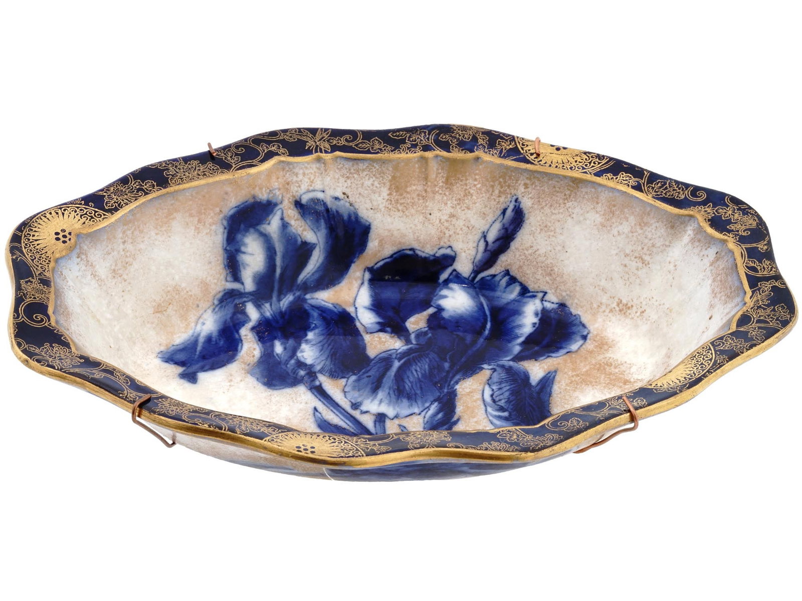 ENGLAND 1890S ART NOUVEAU DOULTON LILY BOWL TRAY: An antique circa 1890 British semi porcelain lobulated, deep and elongated tray or serving plate with patterned rim similar to Persian Spray. Blue, orange and gold, with Lily flowers. Serial number A3